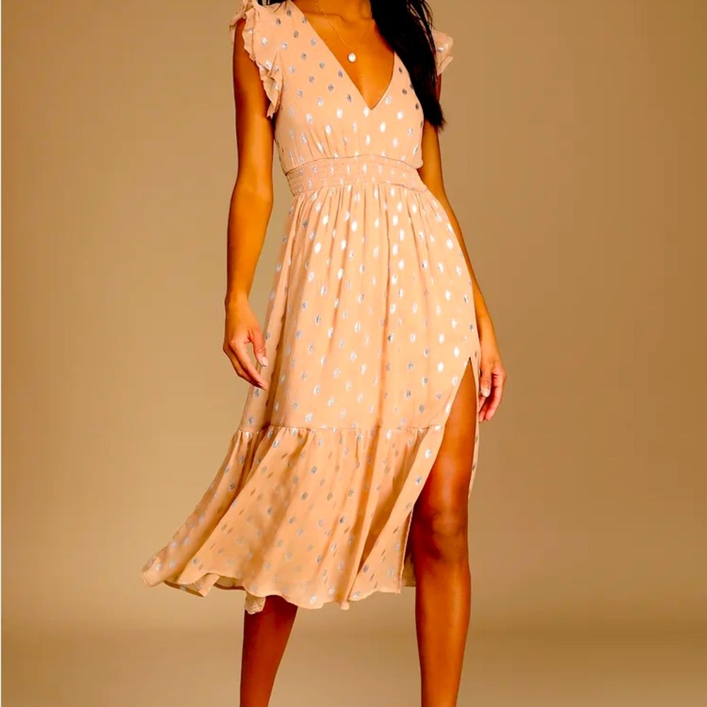Lulus Cause to Celebrate Mauve and Silver Ruffled Tiered Midi Dress